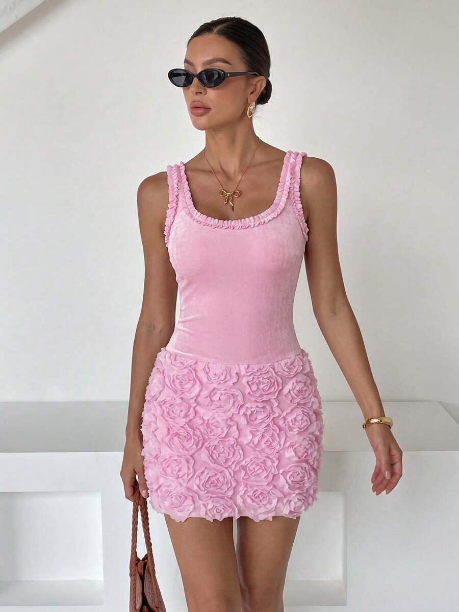Sleeveless U-Neck Backless Frill Trim Body-Con Short Dress Pink Summer Party Elegant - Pink - View 1