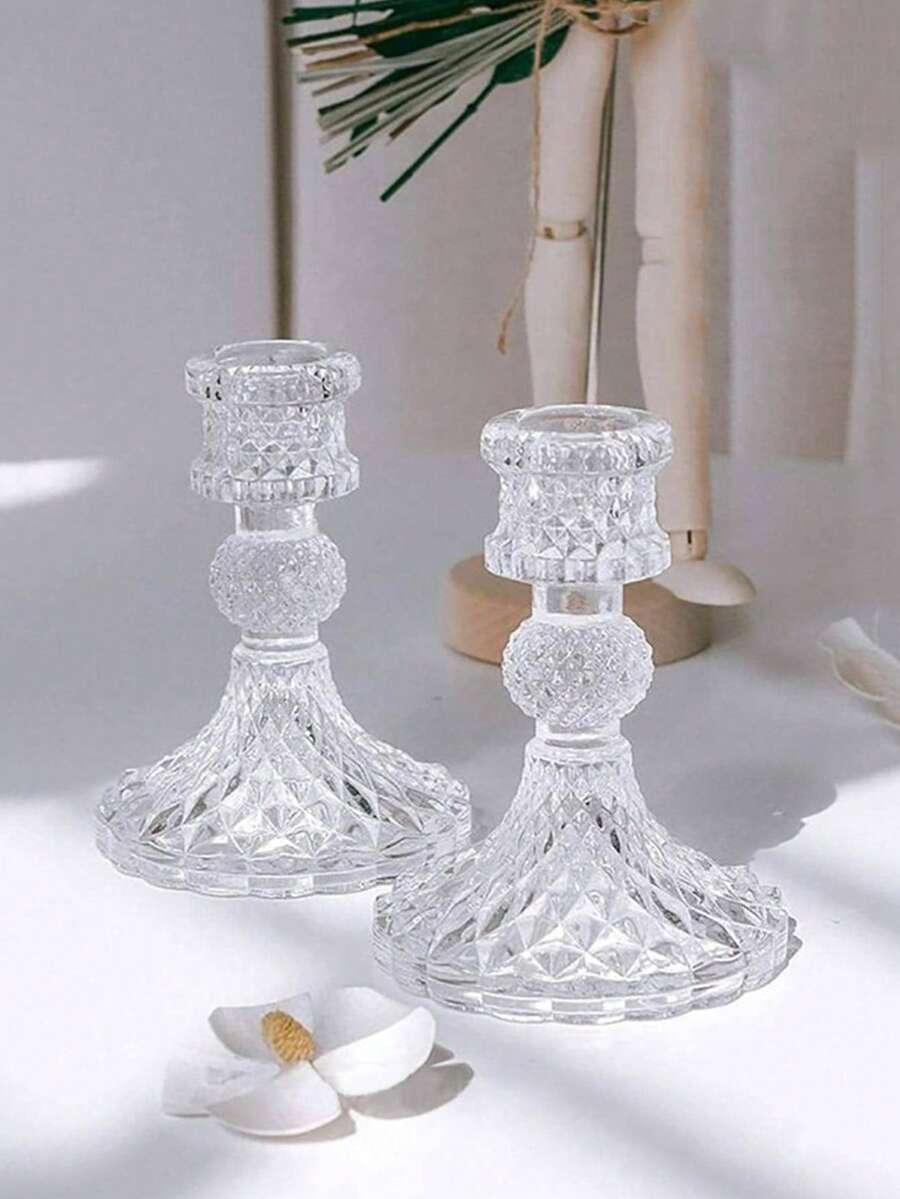 2pcs Transparent Glass Diamond Pattern Candle Holder Base, Home Decor Centerpiece, Suitable For Dining Table, Living Room, Wedding, Gift - Transparent - View 1