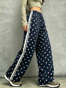 Women's Sports Long Pants, Dual Pockets, Straight Leg, Thin Summer Style, Elastic Waist With Drawstring Design, Fashion Polka Dot Pattern - Navy Blue - View 5
