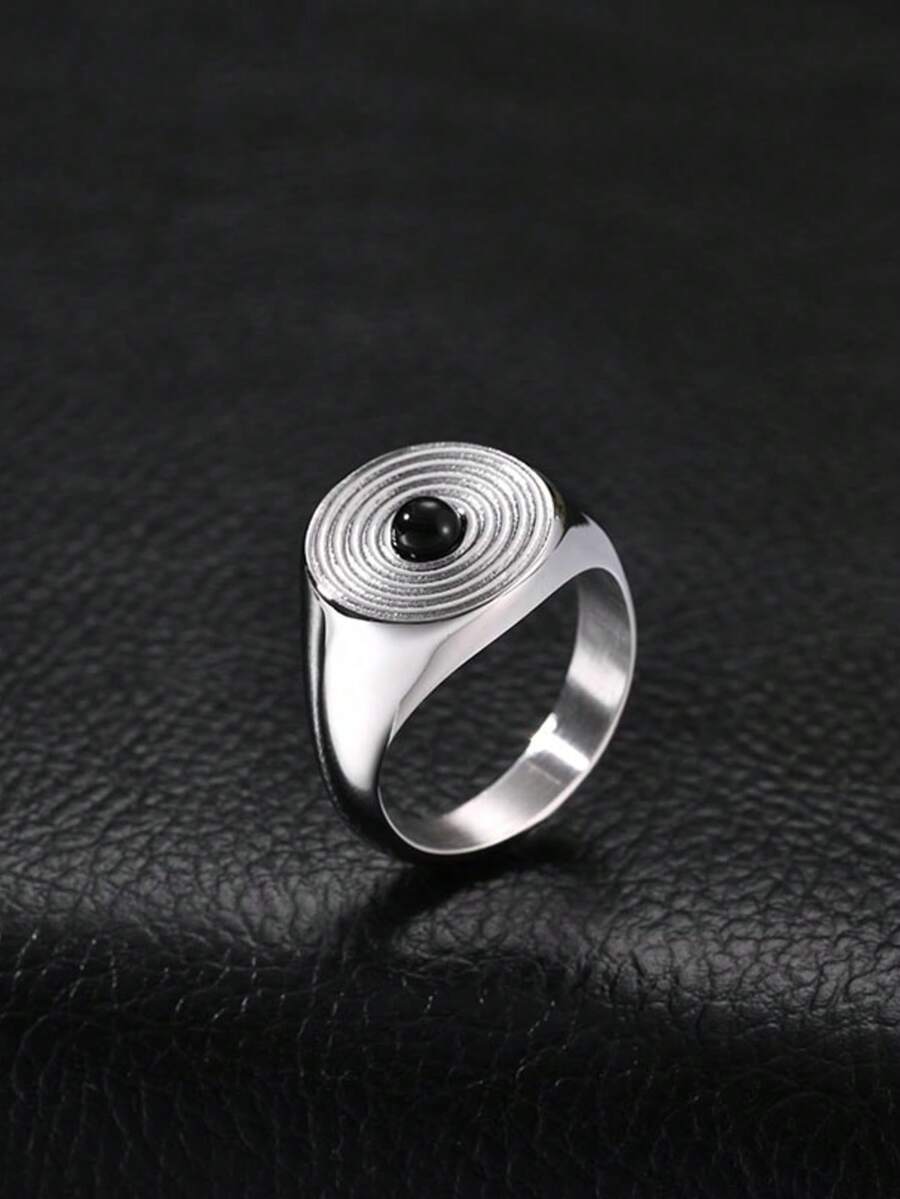 1pc Vintage Stainless Steel Black Agate Vortex Cast Ring For Men, Jewelry Accessory - 1108 - View 1
