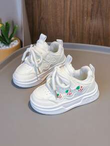 1 Pair White Strawberry Pattern Casual Soft Sole White Sneakers For Girls, PU Leather Versatile Baby Shoes - White - View 2
