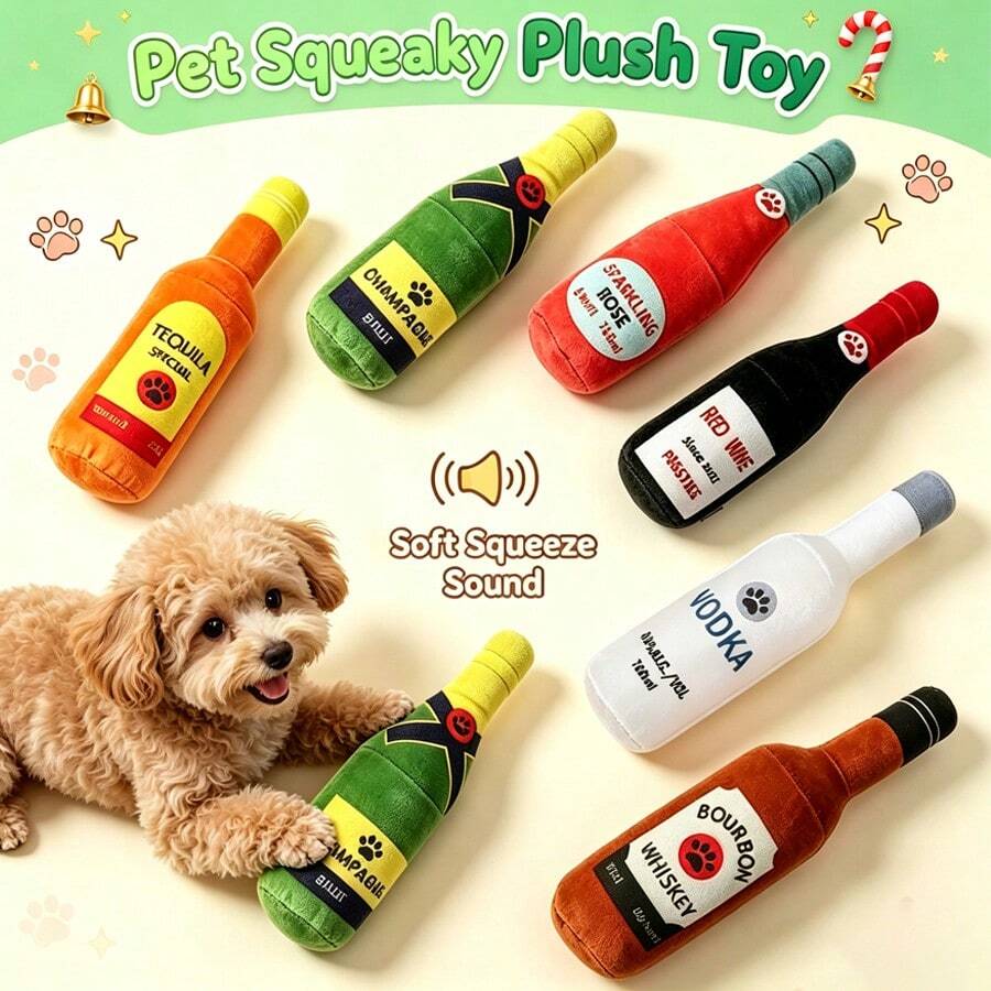 Dog Squeaky Plush Doll, Wine Bottle Shaped Interactive Chew Doll, Soft Filled Pet Sound Doll, Suitable For Dogs And Cats Plush Chew Doll - Multicolor - View 1