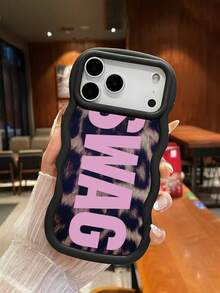1pc Y2K American Vintage Leopard Print SWAG Large Letter Wavy Edge Matte Black Phone Case, Ins Hip-Hop Street Style Pattern - Black - View 2