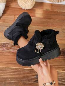 1 Pair New Chinese Style Rhinestone Pendant Thick Sole Snow Boots For Women, Autumn/Winter Thermal Lined Height-Increasing Non-Slip Boots - Black - View 7