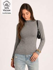 Women's Solid Color Mock Neck Long Sleeve T-Shirt, Slim Fit Elastic Slimming Top, Simple Versatile Daily Base Layer Casual - Dark Grey - View 2