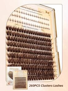 260pcs Brown 2-In-1 Fluffy Dense 80D Upper & Lower Lash DIY Lash Clusters, Comfortable Wear, Suitable For Daily Style Eye Makeup, Lower Lash Clusters, Brown Eyelashes - D - View 3
