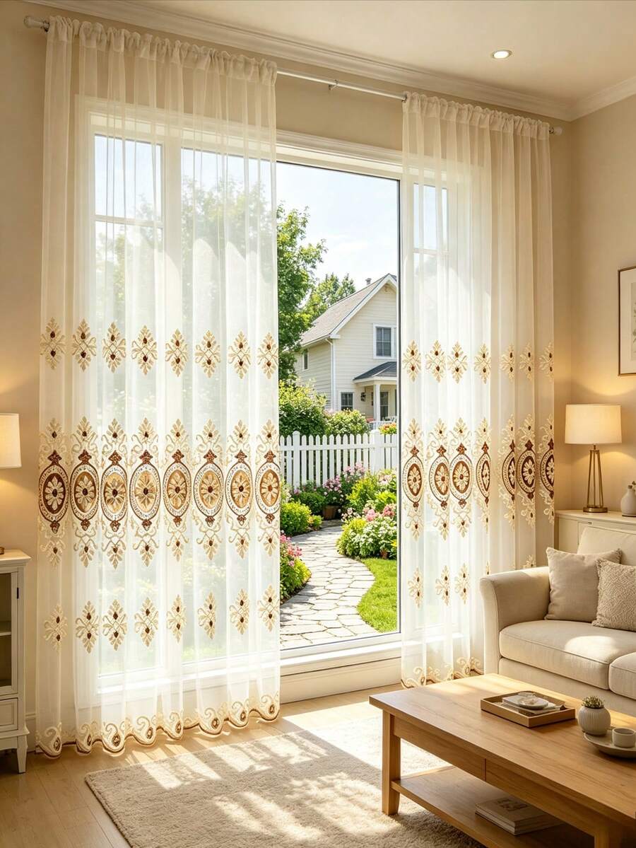 1pc Rod Pocket Nordic Luxury Style High-End Embroidered Jacquard Sheer Curtain, Suitable For Living Room, Dining Room, Bedroom Floor-To-Ceiling Windows - Multicolor - View 1
