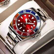 1pc Green Submariner Style Hollow Mechanical Watch For Men, Stainless Steel Luminous Date Waterproof Casual Watch, Suitable For Daily Decoration - Black - View 7