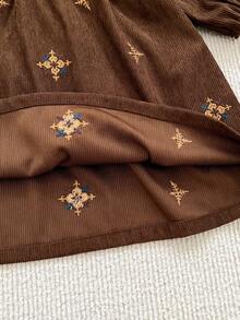 Vintage Style Girls Dress Autumn New Long Sleeve Corduroy Embroidered Lace Trim Collar Princess Dress - Brown - View 6