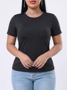 Women Curve Plus Size Basic Short Sleeve T-Shirt With Built-In Padded Bra, Multi-Scene Wear No Bra Needed Loungewear Sleep Layering Shirt - Black - View 3