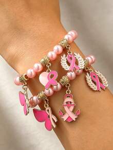 2pcs Elegant Fashion Pink Ribbon Pendant Breast Cancer Awareness Layered Bracelet Set, Heart Bow Faux Pearl Design Women's Beaded Bracelet Accessory Set, Suitable For Daily Wear, Party, Vacation, Holiday, Anniversary Gift - Pink - View 2