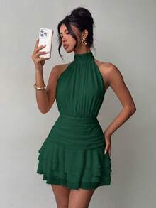 Elegant Halter Neck Backless Mini Dress With Tiered Ruffle Hem, Suitable For Summer Parties, Beach Vacations, Casual Outings, Holidays And Graduation Ceremonies - Dark Green - View 3