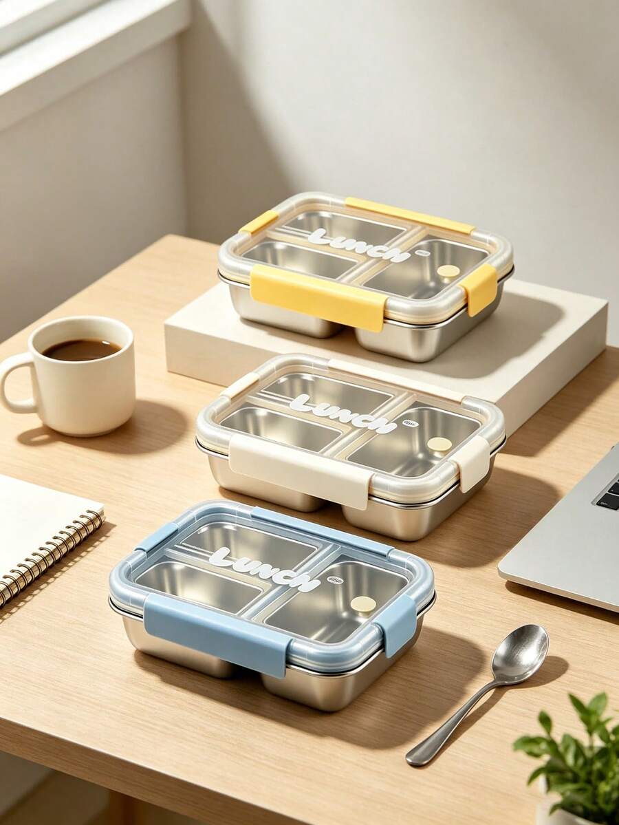 3-Compartment 304 Stainless Steel Bento Lunch Box, Leak-Proof Sealed Portable Food Storage Container For Students, Office, School, Picnic - Multicolor - View 1