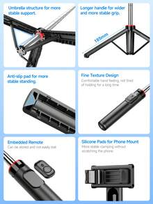 AXNEN 51-Inch Portable Selfie Stick Tripod With LED Light, 360° Rotating, Detachable Phone Holder, Multi-Functional Extendable Phone Tripod With Wireless Remote Shutter, Compatible With IOS And Android Phones/Cameras - Multicolor - View 13