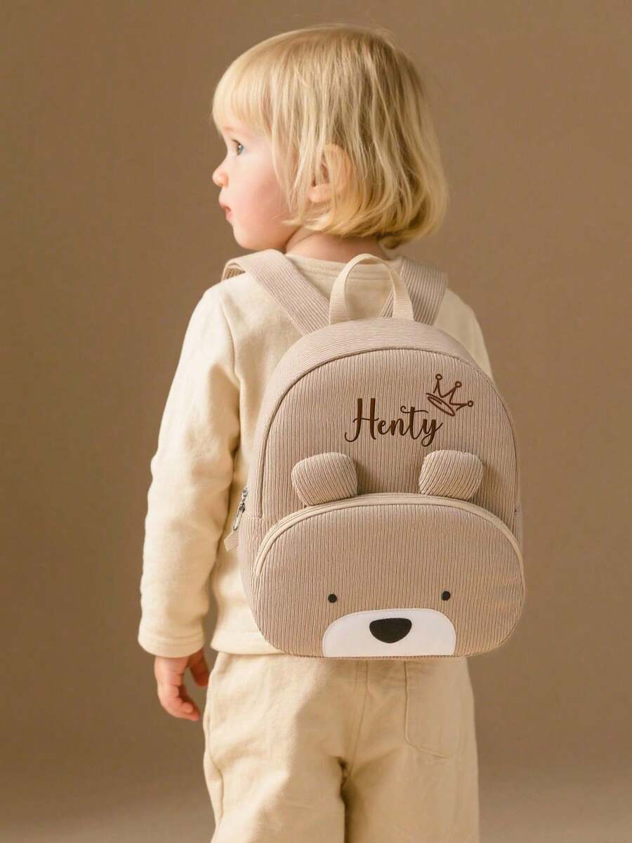 Cute Customized Name Khaki Bear Backpack - Adorable Embroidered Cartoon Design, Lightweight School Bag, Back To School Gift For Him/Her, Birthday Gift, Aesthetic - Multicolor - View 1