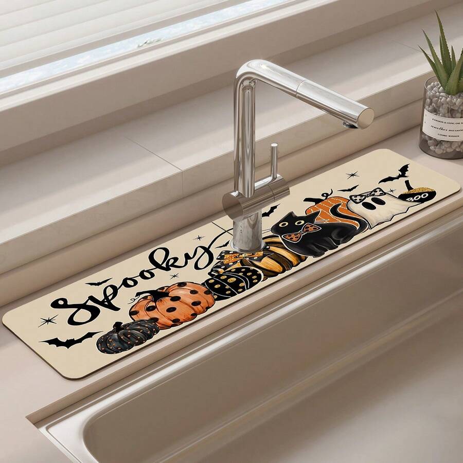 1pc Halloween Ghost Black Cat Pattern, Non-Slip Rubber Faucet Splash Guard, Bathroom Faucet Splash Guard, Mud Guard, Moisture-Proof Non-Slip Faucet Pad, Kitchen Countertop Accessory. Protect Your Kitchen Countertop. - Multicolor - View 1