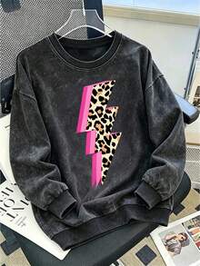 Teenage Girls Leopard Print Lightning Design Snowflake Print Crew Neck Sweatshirt, Autumn/Winter Fashion Comfortable Top - Black - View 2