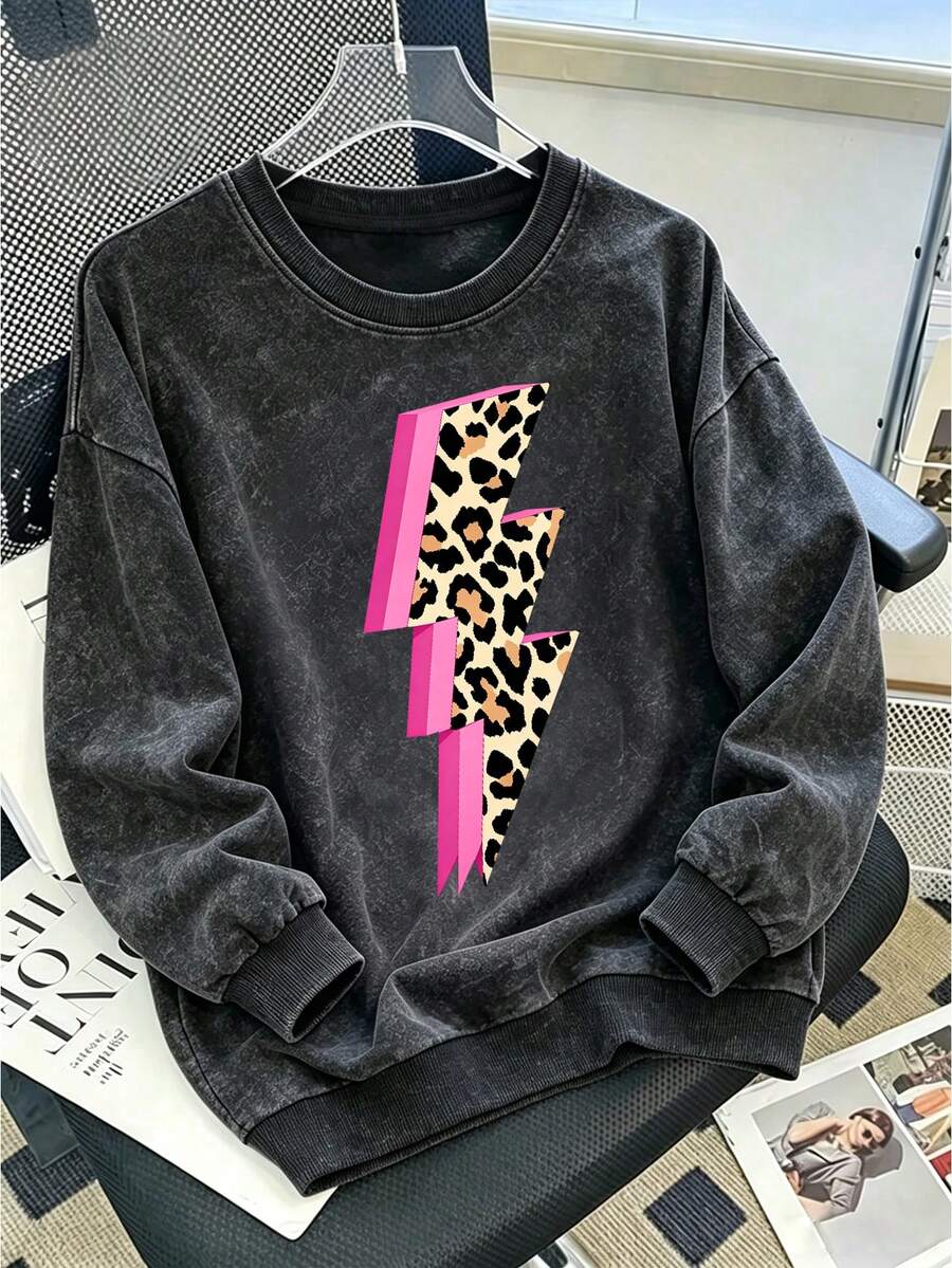 Sweatshirt Leher Bulat Motif Leopard, Petir, dan Kepingan Salju untuk Remaja Perempuan, Atasan Nyaman Modis untuk Musim Gugur/Dingin - Hitam - View 1