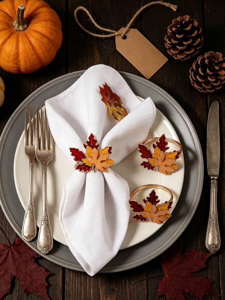 6/12pcs, Harvest Festival Three-Color Maple Leaf Napkin Rings, Suitable For Weddings, Parties, Holiday Celebrations, Picnics, Camping, Country Gatherings, Birthday Banquet Table Decor Napkin Holders, Simple Style - Multicolor - View 1