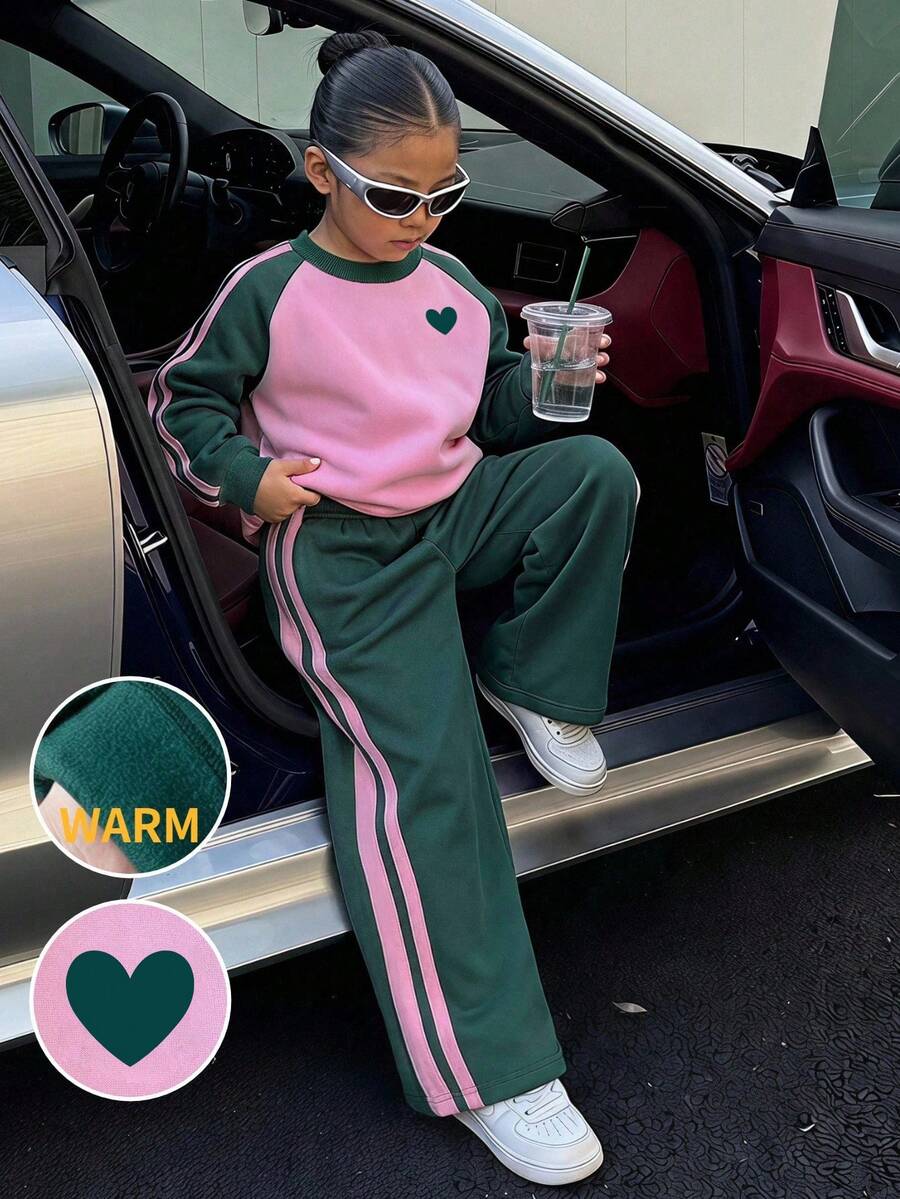 Young Girl Heart Pattern Print Color Block Crew Neck Long Sleeve Top And Pants - Dark Green - View 1