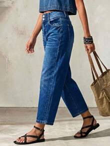 Light Blue Washed Double Side Cargo Pockets Semi-Elastic Waist Cropped Straight Leg Cargo Denim Jeans - Blue - View 3