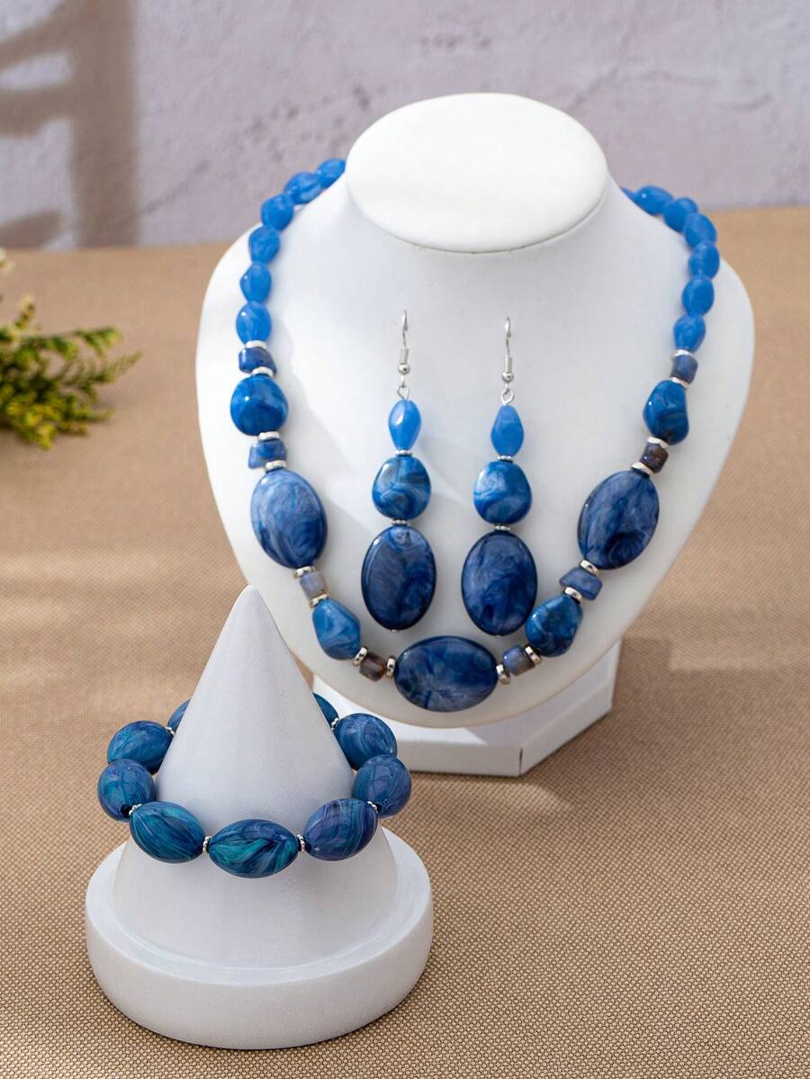 4pcs Vintage Marbled Blue Acrylic Jewelry Set Necklace Earring Bracelet,Irregular Oval Beaded,Bohemian Women Statement Accessory - Blue Tones - View 1