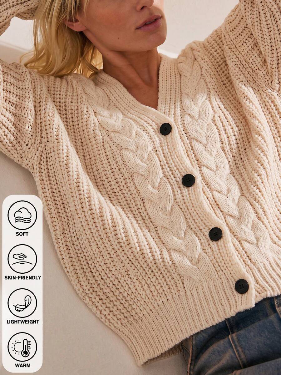 Autumn Vintage Cable Textured V Neck Cardigan, Long Sleeve, Weekend Gathering Halloween Thanksgiving Street Casual Look - Apricot - View 1