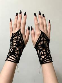 Hollow Spider Web Finger Chain, Dark Style Gloves, Metal Chain, Halloween, Ghost Festival, Easter Carnival Party, Lace Gloves - Multicolor - View 5