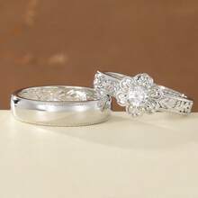 Silver Elegant Women's 2 Pieces Ring Set, Creative Flower & Plain Band Design, Vintage Carved Hand Jewelry, Fashionable Versatile Style Suitable For Wedding, Vacation, Holiday Wear - Silver - View 2