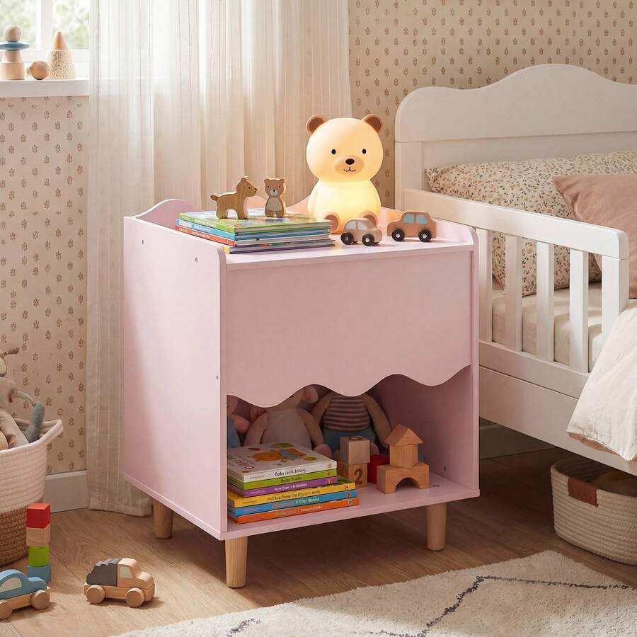 Kids Nightstand, Toddler Scalloped Side Table With Wide Top & Open Compartment Pink/White - Pink - View 1