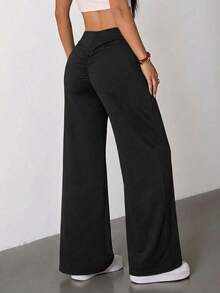 Elastic High-Waist Tummy Control Wide Leg Pants, Comfortable And Pressure-Free, Back V-Shape + Center Pleats For Butt Lifting And Shaping, Pleated Design For Peach Butt, Suitable For Yoga, Fitness, Commute, Casual And Multiple Occasions, All-Season Straight Leg Pants, Perfect Match With Various Tops - Fashionable And Versatile - Black - View 4