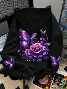 花卉蝴蝶印花大尺碼女款休閒秋冬長袖口袋連帽衛衣 黑色 - 黑色 - 查看 4