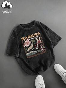 Plus Size Women's Daily Twilight Wolf & Floral Print Crew Neck Short Sleeve Casual T-Shirt Top, Spring Summer Autumn Vacation Outfit Black - Black - View 2