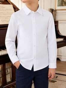 Young Boy Classic College Style Casual Party Floral Pocket Patchwork Formal Dress Shirt, White, Long Sleeve - White - View 4