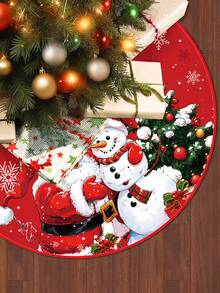 Falda de árbol de Navidad con Papá Noel y muñeco de nieve, alfombra redonda para base de árbol de Navidad con estampado de copos de nieve para decoración interior navideña - Rojo - Ver 8