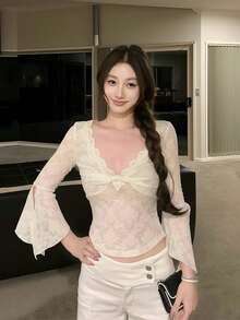 Sexy Lace Trim Twist V-Neck 3/4 Sleeve Base Layer Top For Women - Apricot - View 8