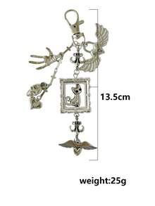 Gothic Cross, Heart-Shaped Wings, Keychain, Multi-Element Key Ring, Vintage Cat, Personalized Bag Pendant, Accessory - Silver - View 8