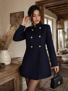 Winter Long Coat, Fashion Versatile Double-Breasted Slim Fit Jacket - Navy Blue - View 1