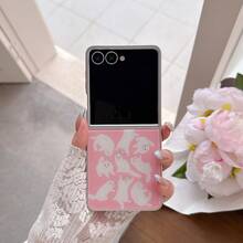 Leopard Print Plush 3D Long Rabbit Ears Pom Pom Wrist Strap Foldable Phone Case For Galaxy Z Flip3 5G/Galaxy Z Flip 4 5G/Galaxy Z Flip 5 5G/Galaxy Z Flip 6 5G/Galaxy Z Flip 7 5G Sweet Girl Full Coverage Anti-Drop Protective Shell - Pink - View 3