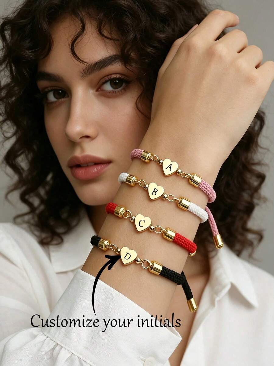 1 buah Gelang Manik-Manik Hati Kustom yang Dipersonalisasi, Gelang Hati Modis dengan Tali yang Dapat Diatur, Aksesori Tangan Kepang Keberuntungan, Tali Katun Warna Emas, Grosir - MultiWarna - View 1