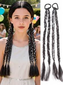 16 Inch Pair Of Synthetic Heat-Resistant Braided Ponytail Extensions With Highlights And Iridescent Sequins, Elastic Band Style, Suitable For Women's Daily Wear, Festivals, Events And Concerts - Multicolor - View 13