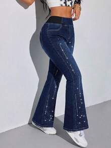 Y2K Flared Jeans - Women's Solid Color High-Waist Slim-Fit Slimming Stretch Casual Versatile Streetwear. - Navy Blue - View 4