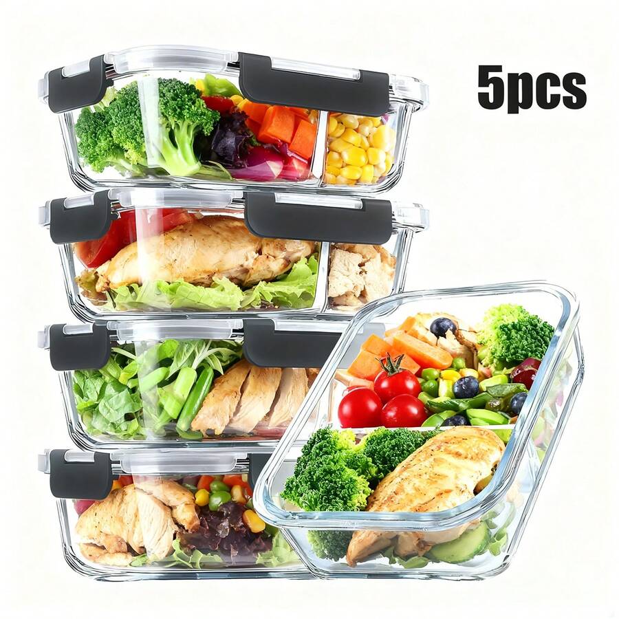 5 Pack 2 Compartment Glass Food Storage Containers With Lock Lids, Leakproof Divided Glass Lunch Containers, For Microwave Freezer Dishwasher Meal Prep Boxes For Office Fitness