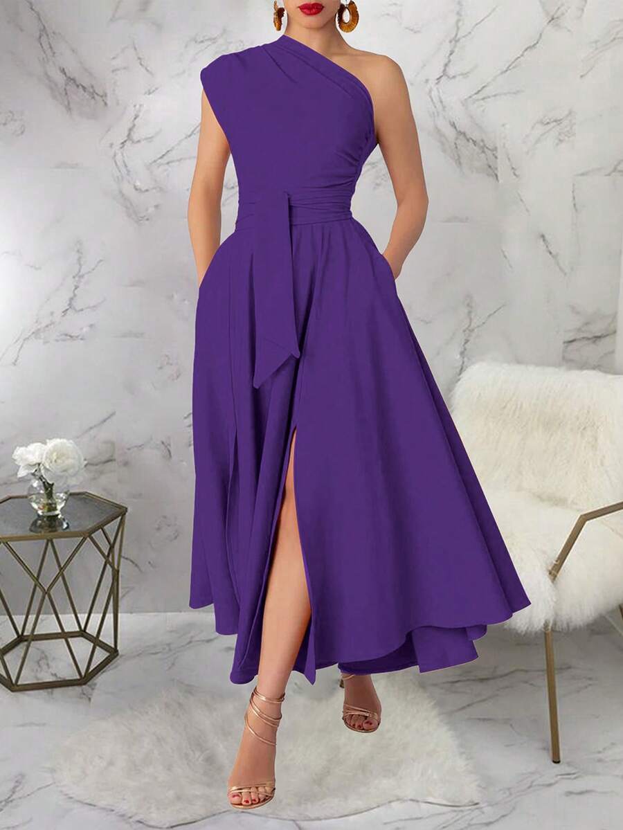 Women Asymmetric Neckline Slit Up To Thigh Elegant Sleeveless Dress, Solid Color Summer - Purple - View 1