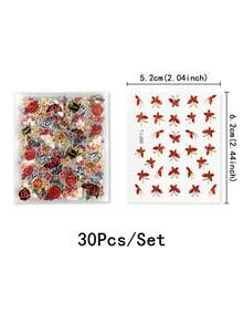 30pcs Mixed Red Black Gold Butterfly Rose Metal Foil Nail Art Stickers, Classical Floral Atmosphere, New Chinese Vintage Luxury, DIY Nail Art Decoration Supplies - Multicolor - View 9