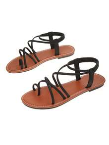 2026 New Round Toe Thin Strap Criss-Cross Elastic Back Slingback Flat Sandals - Black - View 8
