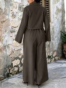 Women's Elegant Lapel Plus Size 2-Piece Set, Casual Outfit With Ruched Bust Design And Spaghetti Strap Wide Leg Pants, Autumn Fashion Wear - Coffee Brown - View 6