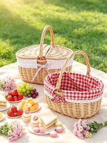 1 Pc Natural Wicker Picnic Basket - With Double Lids And Removable Linen Lining - Double Openings Design, Suitable For Camping, BBQ, Shopping, Home Storage, Home Decor, Fruit/Vegetable Storage - Decorative Edging Trim, Picnic Accessories - Multicolor - View 2
