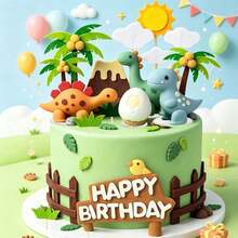 1 Set Dinosaur Cake Decorations, Dinosaur Coconut Tree Grass Sun Cloud Cake Decorations, Happy Birthday Cake Toppers, Suitable For Baptism, Gender Reveal Party, Dinosaur Theme Birthday Party Cake Decorations (Not A Toy, For Decoration Only, For Ages 14 And Up And Adults Only) - Multicolor - View 3