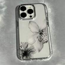 1pc Metal Button Minimalist Transparent Grayscale Ink Wash Floral Pattern Phone Case Personalized For IPhone 16 Pro Max 17 16 15 14 Plus 13 12 11 Air Protective Shell - Multicolor - View 7